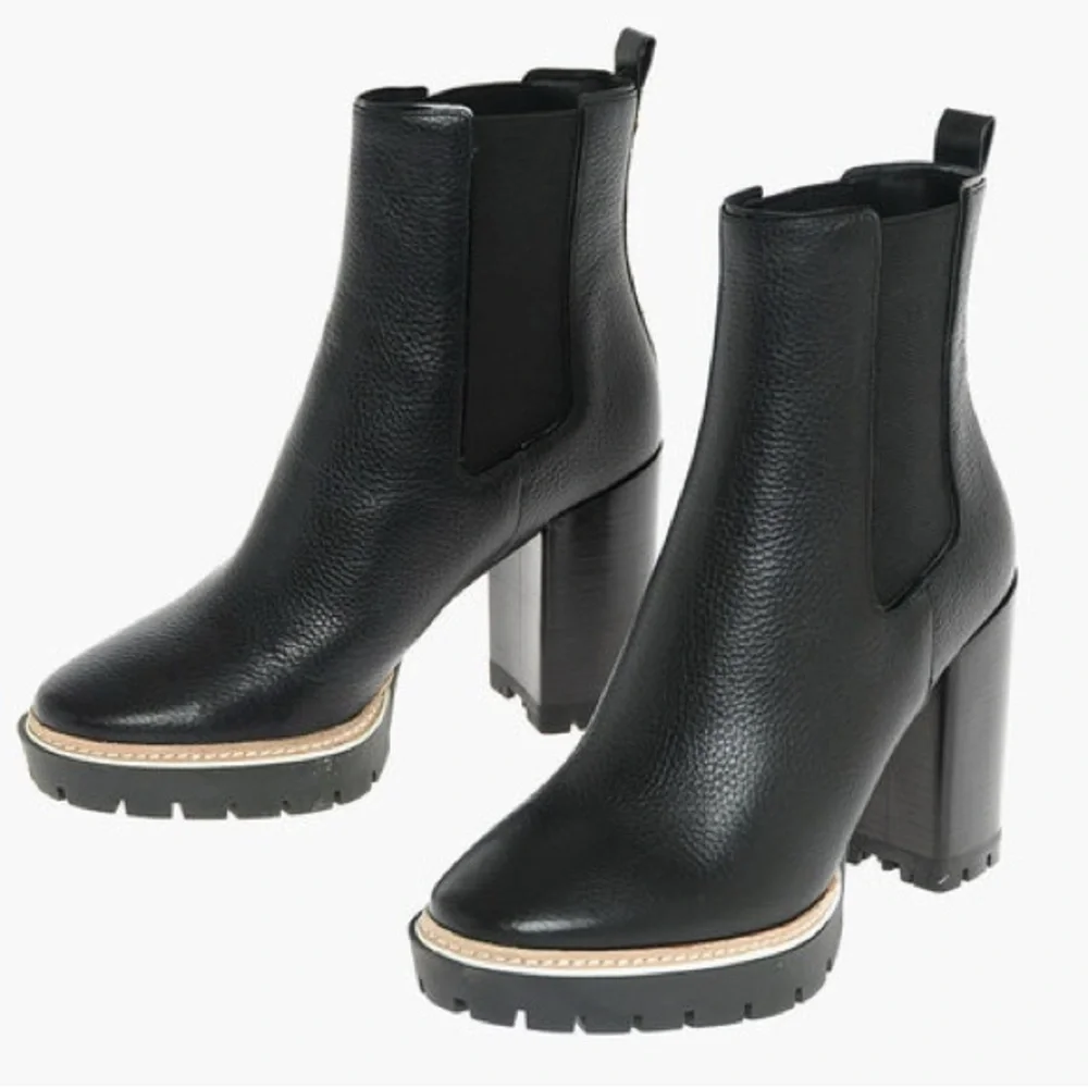 New Tory Burch Black Genuine Leather Chelsea Pull On Heeled Boot Rugged Sole 8
